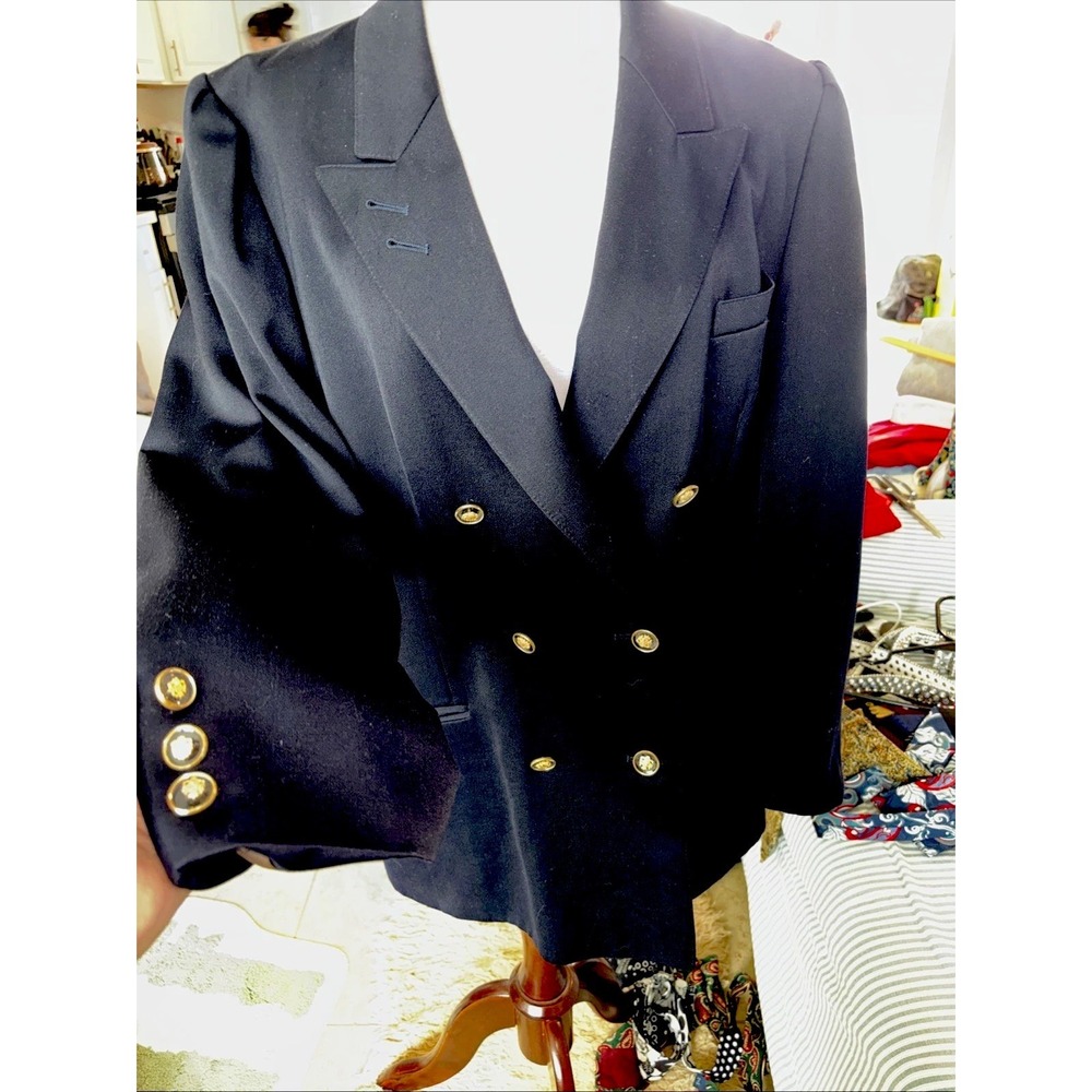 Vtg Your Sixth Sense navy double breasted Virgin Wool Blend blazer Chain Hook L